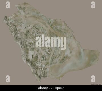Shape of Saudi Arabia with its capital isolated on a solid color background. Satellite imagery. 3D rendering Stock Photo