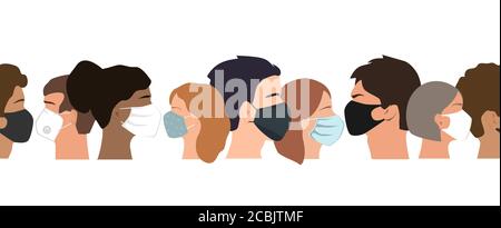 People set faces with medical masks, vector seamless border. Coronavirus prevention concept. Humans of different gender, ethnicity, and color Stock Vector