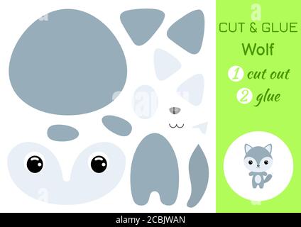 Cut and glue baby wolf. Education developing worksheet. Color paper game for preschool children. Cut parts of image and glue on paper. Stock Vector