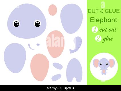 Cut and glue baby elephant. Education developing worksheet. Color paper game for preschool children. Cut parts of image and glue on paper. Stock Vector