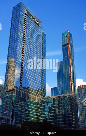 CHICAGO, IL -26 JUL 2020- View of the Chicago skyline with the construction of the Vista Tower,  a supertall skyscraper being built in Chicago, Illino Stock Photo