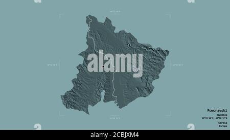 Area of Pomoravski, district of Serbia, isolated on a solid background in a georeferenced bounding box. Labels. Colored elevation map. 3D rendering Stock Photo