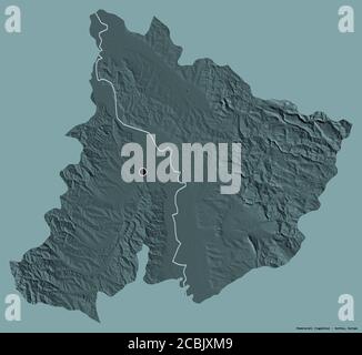 Shape of Pomoravski, district of Serbia, with its capital isolated on a solid color background. Colored elevation map. 3D rendering Stock Photo