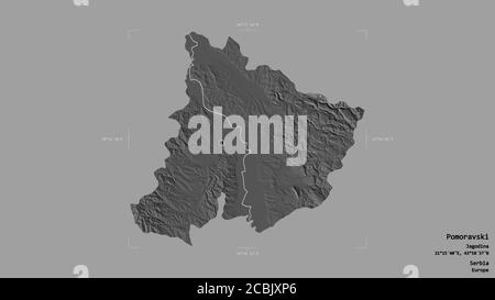 Area of Pomoravski, district of Serbia, isolated on a solid background in a georeferenced bounding box. Labels. Bilevel elevation map. 3D rendering Stock Photo