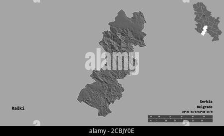 Shape of Raški, district of Serbia, with its capital isolated on solid background. Distance scale, region preview and labels. Bilevel elevation map. 3 Stock Photo