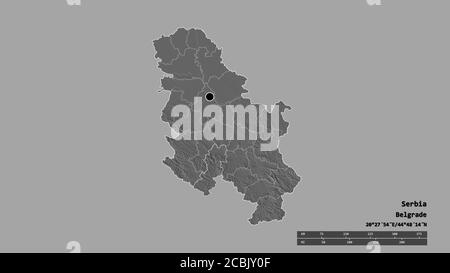Desaturated shape of Serbia with its capital, main regional division and the separated Raški area. Labels. Bilevel elevation map. 3D rendering Stock Photo