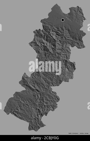 Shape of Raški, district of Serbia, with its capital isolated on a solid color background. Bilevel elevation map. 3D rendering Stock Photo