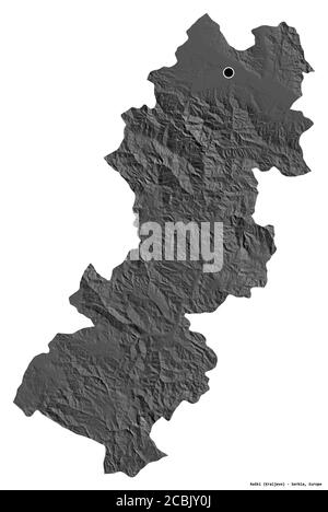 Shape of Raški, district of Serbia, with its capital isolated on white background. Bilevel elevation map. 3D rendering Stock Photo