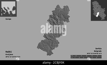 Shape of Raški, district of Serbia, and its capital. Distance scale, previews and labels. Bilevel elevation map. 3D rendering Stock Photo