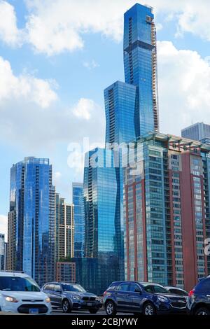 CHICAGO, IL -26 JUL 2020- View of the Chicago skyline with the construction of the Vista Tower,  a supertall skyscraper being built in Chicago, Illino Stock Photo