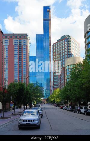 CHICAGO, IL -26 JUL 2020- View of the Chicago skyline with the construction of the Vista Tower,  a supertall skyscraper being built in Chicago, Illino Stock Photo