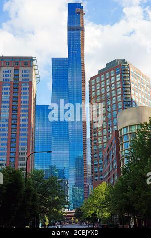 CHICAGO, IL -26 JUL 2020- View of the Chicago skyline with the construction of the Vista Tower,  a supertall skyscraper being built in Chicago, Illino Stock Photo