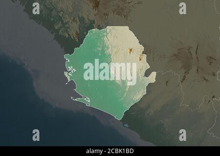 Shape of Sierra Leone separated by the desaturation of neighboring areas. Borders. Topographic relief map. 3D rendering Stock Photo