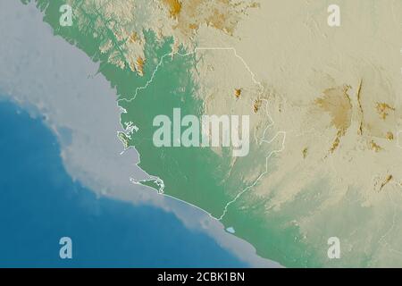 Extended area of Sierra Leone with country outline, international and regional borders. Topographic relief map. 3D rendering Stock Photo