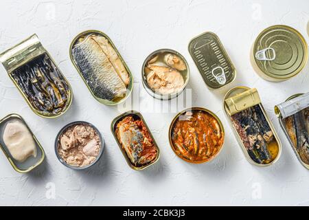 Cans with different preserve of fish and conserve seafood, opened and closed cans with Saury, mackerel, sprats, sardines, pilchard, squid, tuna, over Stock Photo