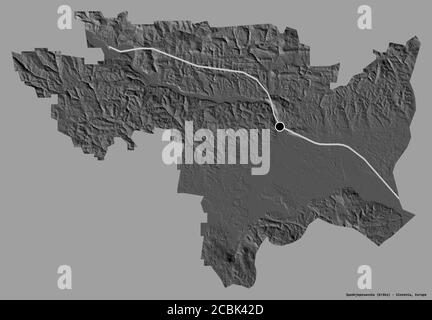 Shape of Spodnjeposavska, statistical region of Slovenia, with its capital isolated on a solid color background. Bilevel elevation map. 3D rendering Stock Photo