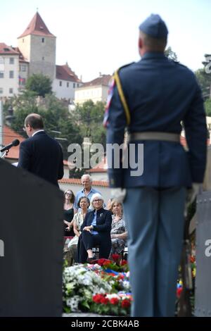 Prague, Czech Republic. 14th Aug, 2020. Commemorative event to pay respect of Czechoslovak RAF (Royal Air Force) pilots was held on occasion of 75th anniversary of their return from Britain to their homeland, on August 14, 2020, at the Winged Lion Memorial in Prague, Czech Republic. On the photo is seen Helen Patton-Plusczyk, center, granddaughter of US genaral George S. Patton. Credit: Michal Kamaryt/CTK Photo/Alamy Live News Stock Photo