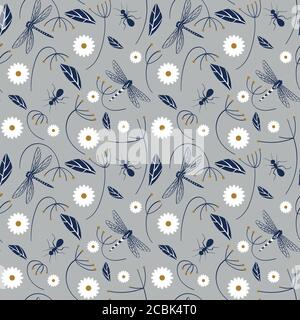 Nature seamless pattern with insects and flowers.Vector illustration. Stock Vector
