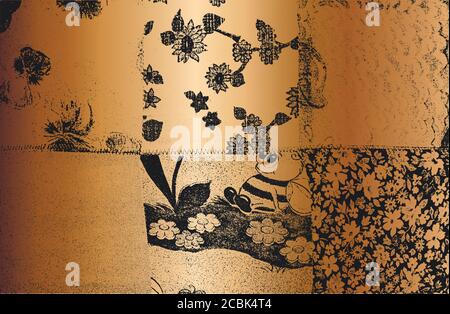Distress grunge vector texture of fabric with floral ornament and lines. Golden color gradient background. EPS 8 illustration. Stock Vector