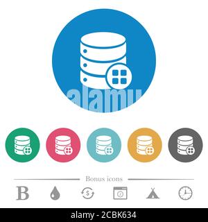 Database modules flat white icons on round color backgrounds. 6 bonus icons included. Stock Vector