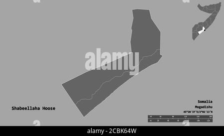 Shape of Shabeellaha Hoose, region of Somalia, with its capital isolated on solid background. Distance scale, region preview and labels. Bilevel eleva Stock Photo