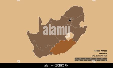 Desaturated shape of South Africa with its capital, main regional division and the separated Eastern Cape area. Labels. Composition of patterned textu Stock Photo