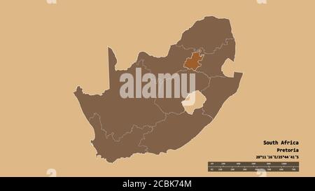 Desaturated shape of South Africa with its capital, main regional division and the separated Gauteng area. Labels. Composition of patterned textures. Stock Photo