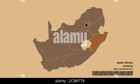 Desaturated shape of South Africa with its capital, main regional division and the separated KwaZulu-Natal area. Labels. Composition of patterned text Stock Photo