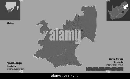 Shape of Mpumalanga, province of South Africa, and its capital. Distance scale, previews and labels. Bilevel elevation map. 3D rendering Stock Photo