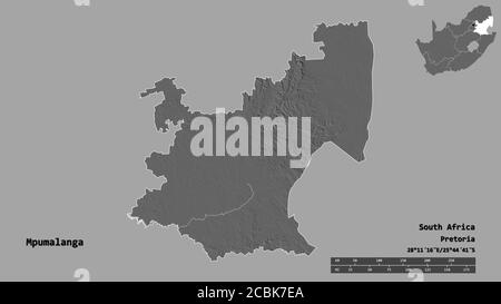 Shape of Mpumalanga, province of South Africa, with its capital isolated on solid background. Distance scale, region preview and labels. Bilevel eleva Stock Photo