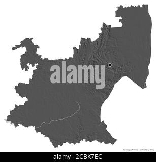 Shape of Mpumalanga, province of South Africa, with its capital isolated on white background. Bilevel elevation map. 3D rendering Stock Photo