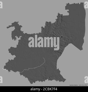 Shape of Mpumalanga, province of South Africa, with its capital isolated on a solid color background. Bilevel elevation map. 3D rendering Stock Photo