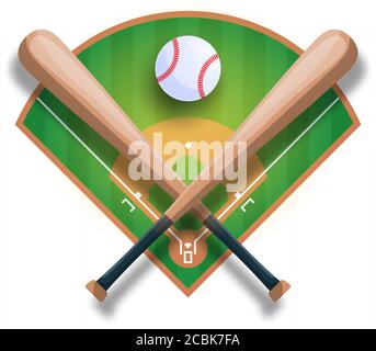 Realistic baseball concept with baseball crossed bat, ball and filed. Vector sport iilustration Stock Vector