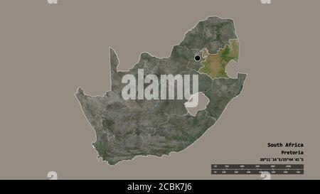 Desaturated shape of South Africa with its capital, main regional division and the separated Mpumalanga area. Labels. Satellite imagery. 3D rendering Stock Photo