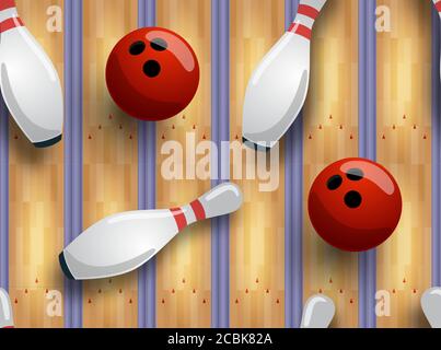 Seamless vector bowling pattern. Bowling track, ball, skittles on the floor. Vector illustration Stock Vector