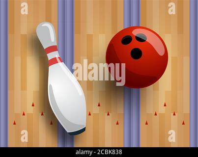 Vector bowling pattern or banner concept. Bowling track, ball, skittles on the floor. Stock Vector