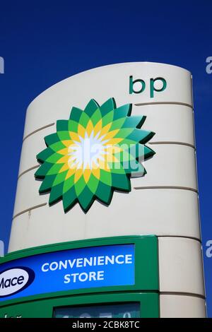 Portsmouth, United Kingdom, April 22, 2011 : A  BP (British Petroleum) petrol station advertising logo sign in the city of Portsmouth stock photo Stock Photo