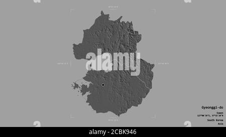 Area of Gyeonggi-do, province of South Korea, isolated on a solid background in a georeferenced bounding box. Labels. Bilevel elevation map. 3D render Stock Photo