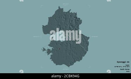 Area of Gyeonggi-do, province of South Korea, isolated on a solid background in a georeferenced bounding box. Labels. Colored elevation map. 3D render Stock Photo