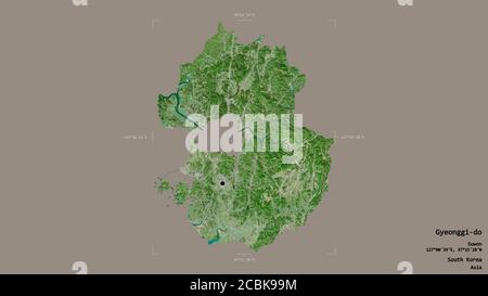 Area of Gyeonggi-do, province of South Korea, isolated on a solid background in a georeferenced bounding box. Labels. Satellite imagery. 3D rendering Stock Photo