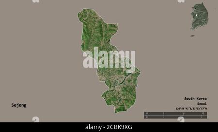 Shape of Sejong, metropolitan autonomous city of South Korea, with its capital isolated on solid background. Distance scale, region preview and labels Stock Photo