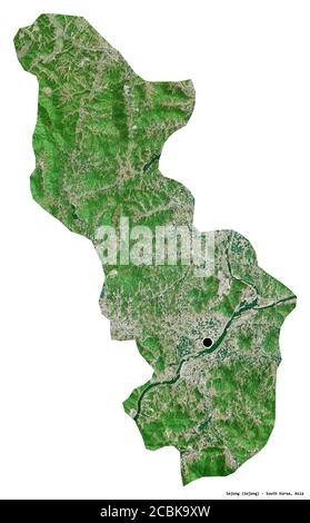 Shape of Sejong, metropolitan autonomous city of South Korea, with its capital isolated on white background. Satellite imagery. 3D rendering Stock Photo