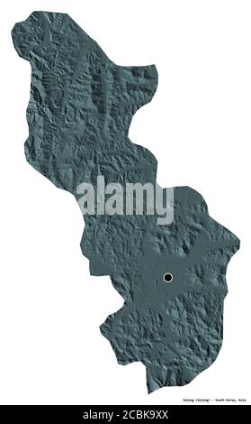 Shape of Sejong, metropolitan autonomous city of South Korea, with its capital isolated on white background. Colored elevation map. 3D rendering Stock Photo