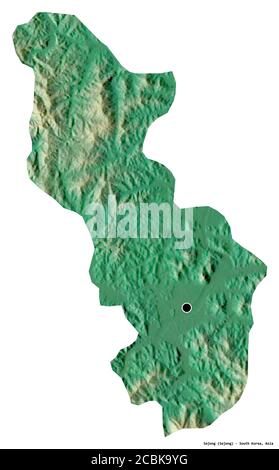 Shape of Sejong, metropolitan autonomous city of South Korea, with its capital isolated on white background. Topographic relief map. 3D rendering Stock Photo