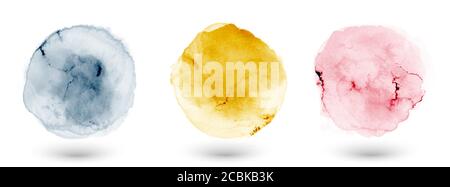Set of brush strokes watercolor circle gray yellow pink creative design elements. Abstract gradient stain splash textures background vector used for d Stock Vector