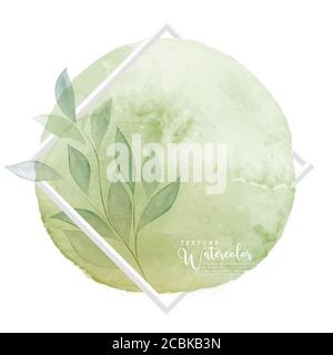 Circle green creative watercolor brush stroke and leaves design over white square frame for text. Abstract splash textures background vector used for Stock Vector