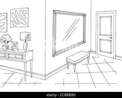 Hallway graphic black white home interior sketch illustration vector Stock Vector