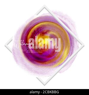 Circle purple mixed yellow paint creative watercolor brush stroke design over white square frame for text. Abstract grunge splash textures background Stock Vector