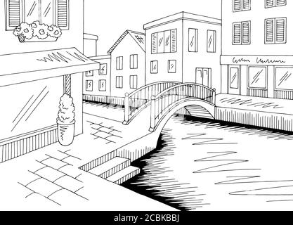 Old street river graphic black white city landscape sketch illustration vector Stock Vector