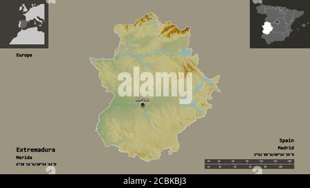 Shape of Extremadura, autonomous community of Spain, with its capital ...